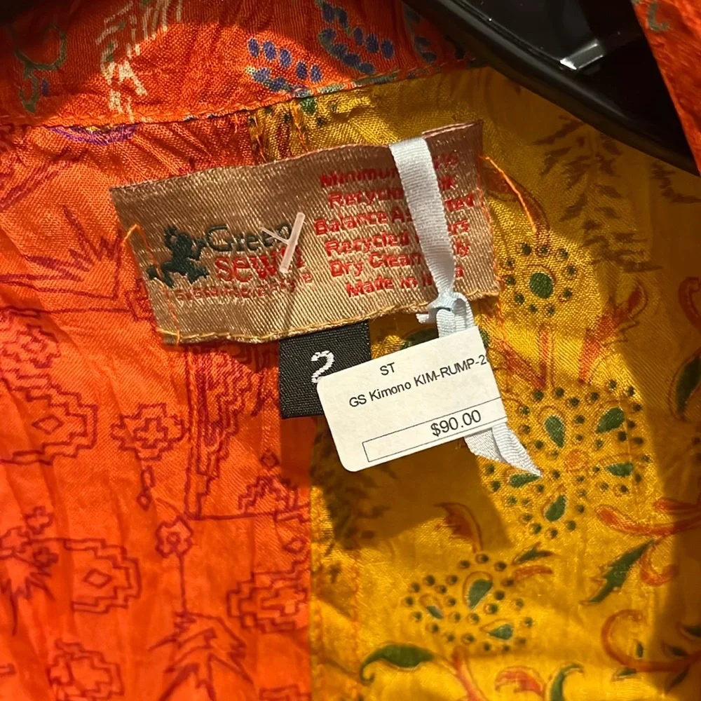 Green Sewn kimono, orange/gold/green, beautiful crepe size “2” 75% recycled silk - Picture 2 of 7